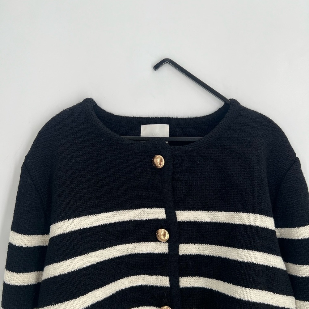 H&M Black & White Striped Knit Cardigan With Gold Buttons